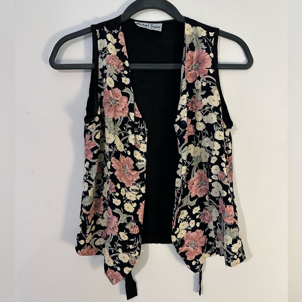 Vintage Michael Taylor Floral Vest Grannycore Black Pink Smallโ Floral Print Tie